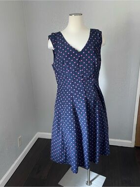 J. Peterman Navy Dress with Pink Polka Dots